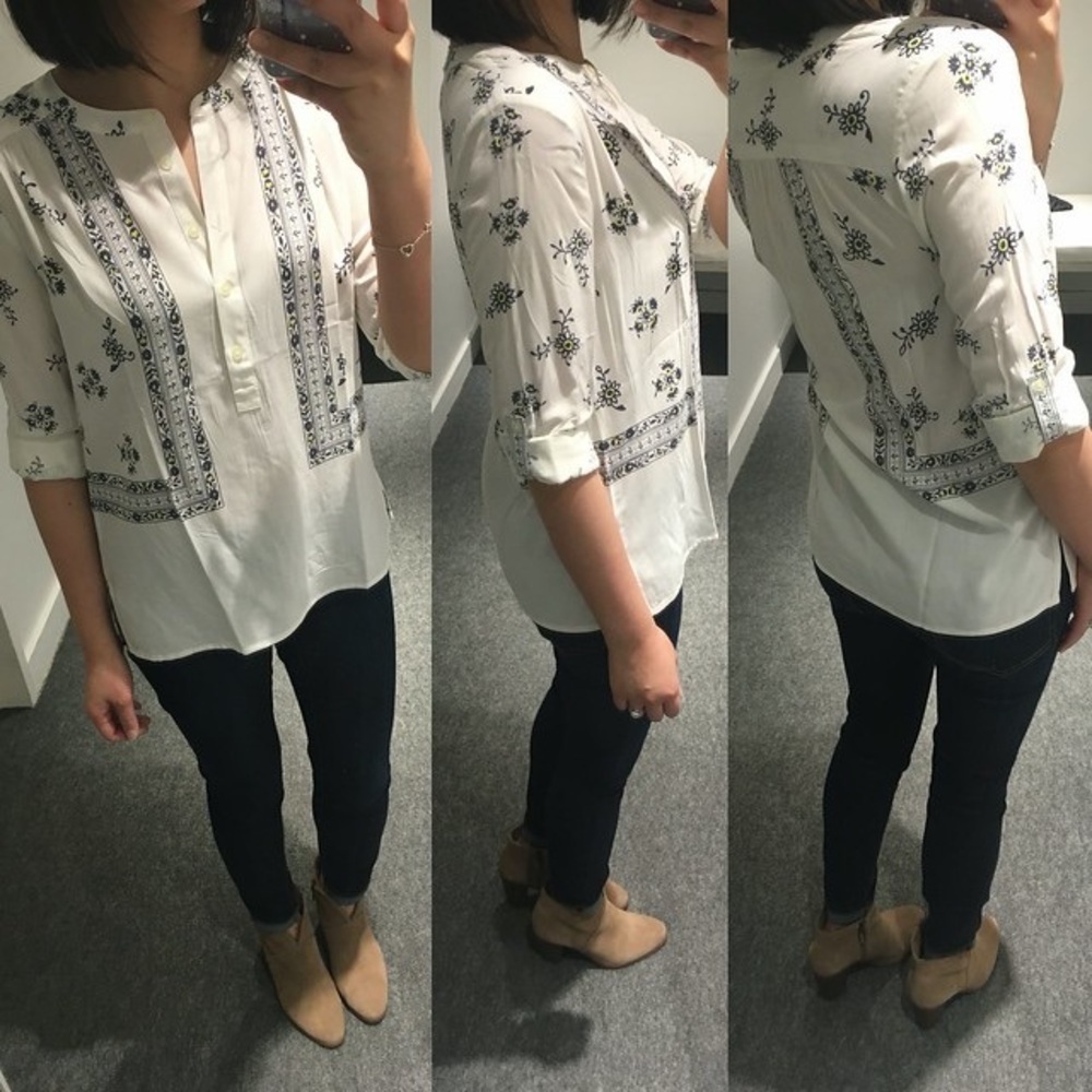LOFT Boho Floral Tile Print Henley Coastal Grandmother Blouse Peasant Top M - Picture 9 of 11